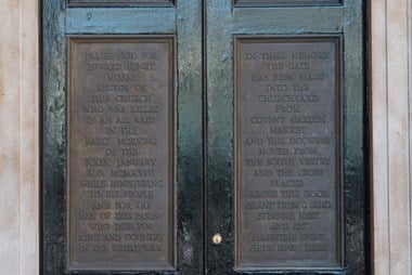 Memorial plaque, St Paul’s Church, Covent Garden, London, 2014. The plaque on the east door of the church commemorates the Reverend Edward Mosse, rector of the church, one of thirty-eight people killed by a 300kg bomb dropped by a German ‘Giant’ plane 29 January 1918. It made a direct hit on the nearby Odhams Printing Works in Long Acre, an official air raid shelter. Eighty-five people were also injured. The total casualties were the most in London caused by a single bomb during the entire First World War.