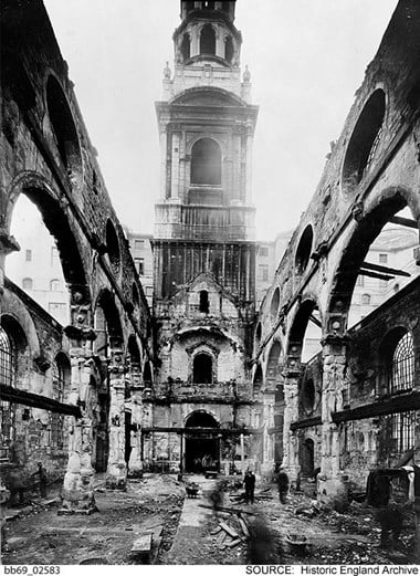 St Bride’s Church, London after bombing
