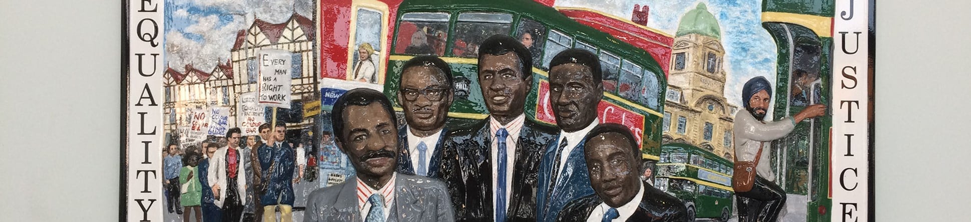 Plaque reads 'The Bristol Bus Boycott 1963, Equality, Justice, the campaign against racial discrimination' with a picture of 5 coloured men and a double decker bus in the background