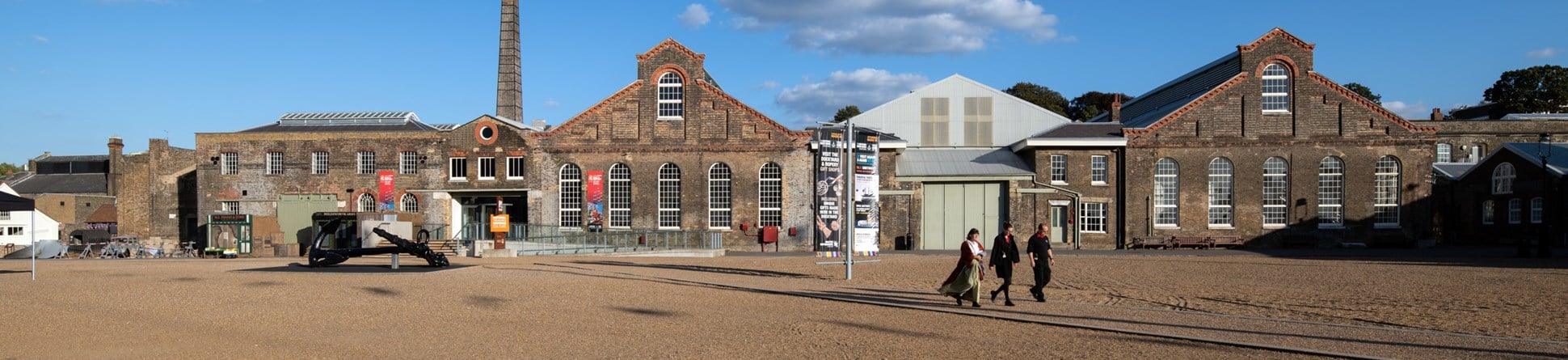 View of a group of buildings at Chatham Dockyards.