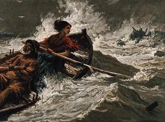 A colour wood engraving shows a man and woman rowing a boat in a storm. A wreck lies on rocks in the background. 