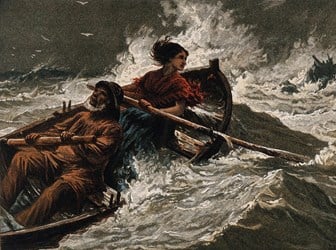 Painting of a man and woman rowing a boat in a storm.
