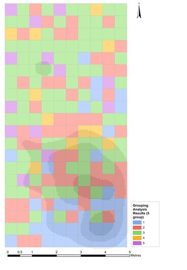 c) The Density Analysis (grey) over the statistical analysis for geochemical groupings (colour grid), using the standard colour palette generated by ArcGIS