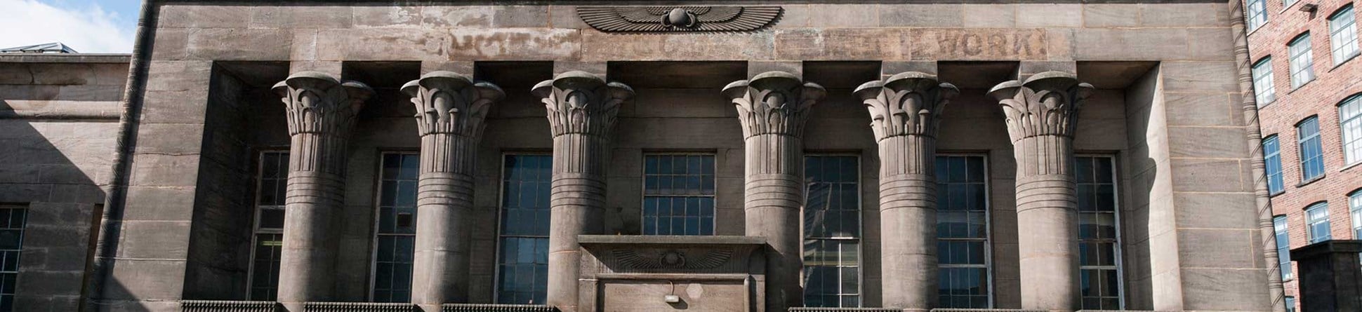 Building with Egyptian facade based on the Temple of Edfu