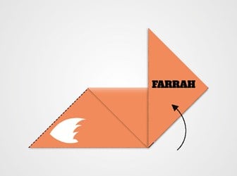 Right hand corner of paper triangle folded up to show the word 'Farrah'.