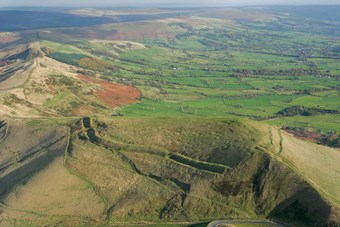 Aerial view of hillfort and landscape beyond