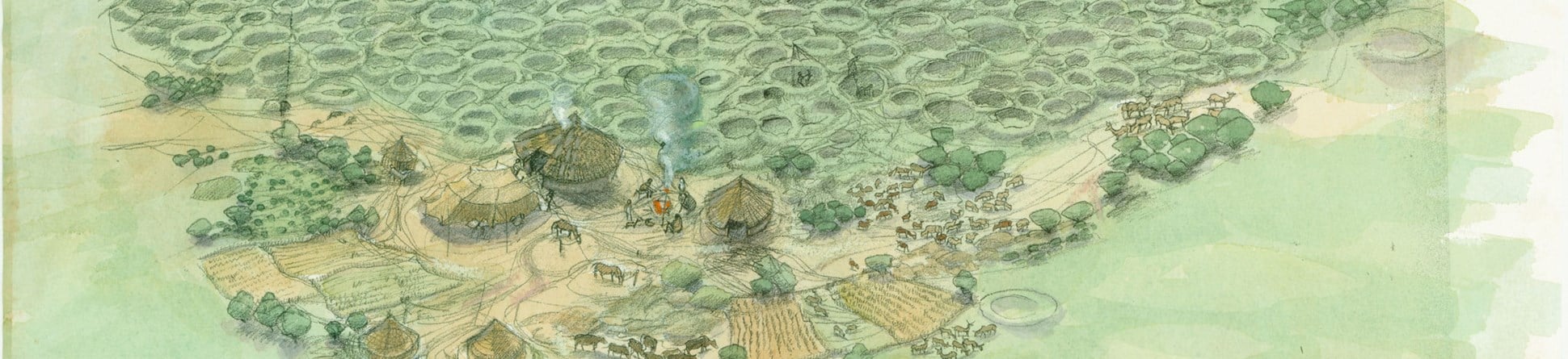 Artists reconstruction of a flint mining landscape with a concentration of mining pits and thatched huts in the foreground.