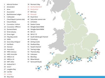 A map showing 57 protected and designated wreck sites, primarily along England's South and East Coasts. Four of the wrecks; the London, the Northumberland, the Restoration, and the Rooswijk are highlighted in red, as sites 'at risk'. These are all in the Thames Estuary, and the Dover Straight.