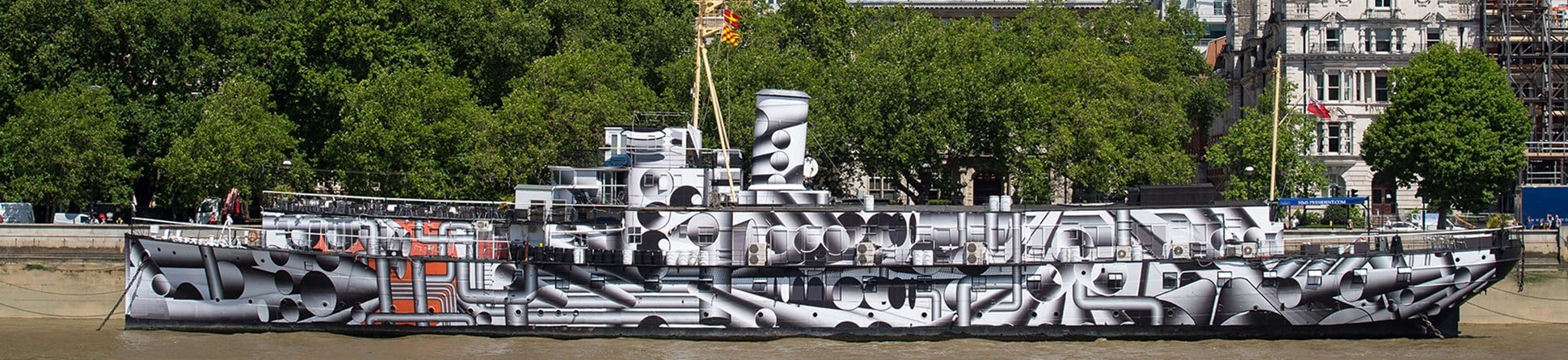 HMS President, London, originally built in 1918 as HMS Saxifrage, as part of the centennial commemorations the ship has been painted in a scheme inspired by wartime dazzle camouflage