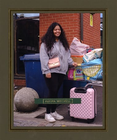 Alisha Mitchell with her belongings on moving in day outside Millennium View student halls. Palmer Lane, The Burges. 
