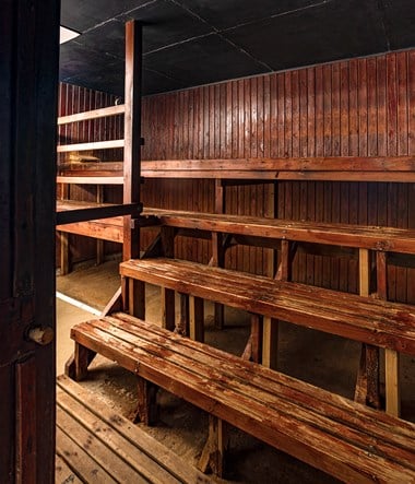 A wooden sauna interior, with terraced seating and worn down varnish.