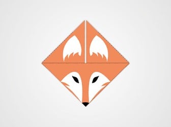 An origami fox with ears in the top two segments of the triangle and eyes and nose in the bottom half.