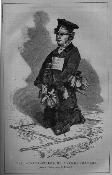 Drawing of a man carrying nutmeg graters.