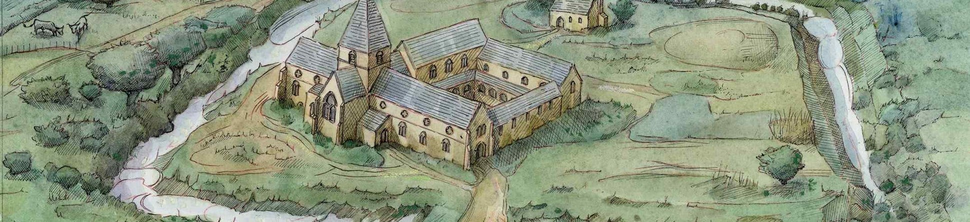Artist's impression of the priory in the 14th century, with a fair in progress.