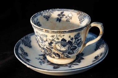 Blue transfer print of flowers on a cup and saucer
