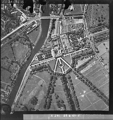 Aerial view of Hampton Court and Gardens