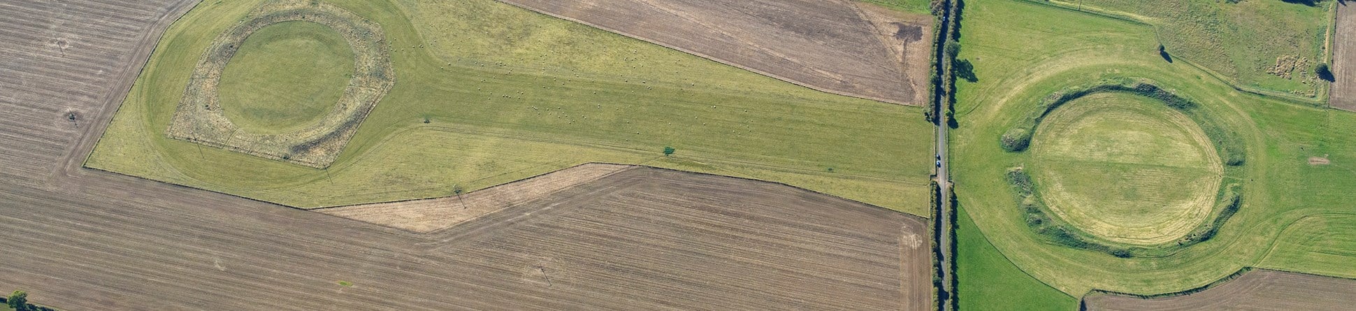 Aerial view of circular henge monuments in fields.
