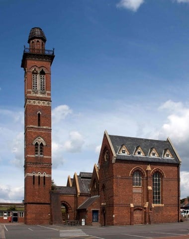 Red brick pumping station and ornamented chimney stack
