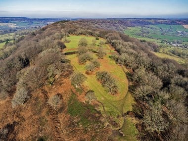 A drone shot of an oval area of grass in the centre of a hillfort covered in trees.