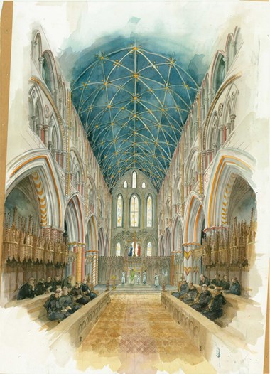 Reconstruction art of the interior of a medieval abbey, looking towards the altar where mass is being celebrated. In the background are tall stained glass windows.