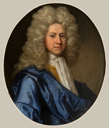 Painting of a man wearing long curly grey wig