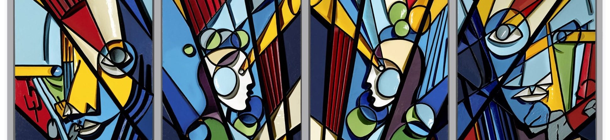 A stained glass artwork comprising four panels depicting the faces of enslaved people.