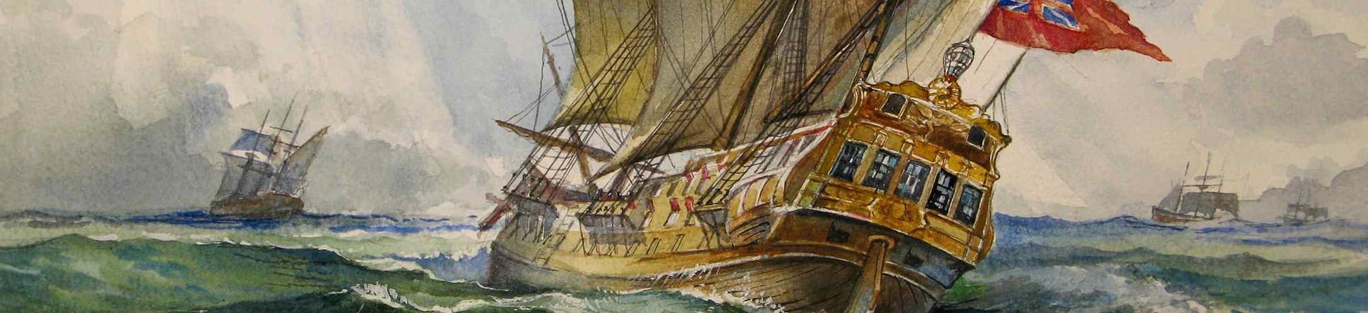 A painting of a warship under sail with three other vessels in the background.