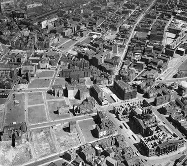 Aerial view of bombed areas of Liverpool