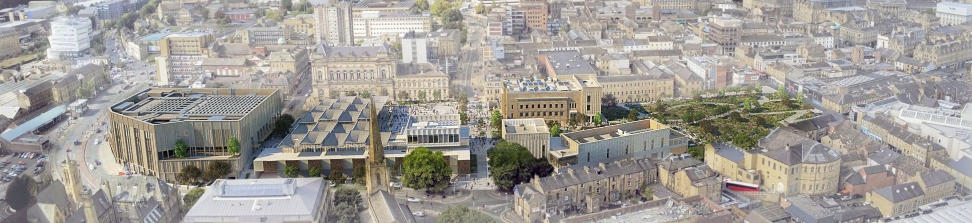 An artist's impression of new town centre development as seen from the air.