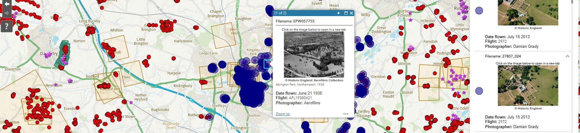 Screen shot of mapping application demonstrating a pop up featuring basic details of an aerial photograph with a thumbnail of the image.