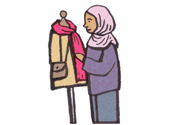Illustration of a woman looking at clothes on a mannequin.